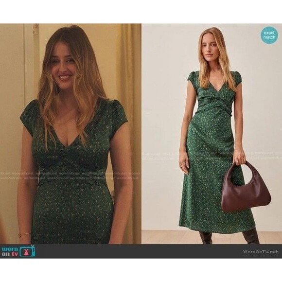 Reformation Kaye Silk Dress Women’s Size 8 Coriander Green Floral Seen On Tv - Picture 2 of 12
